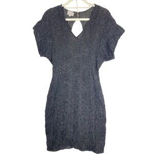 Stenay Women Size 12 Black Beaded Silk Dress Short Sleeve V Neck Party Cocktail